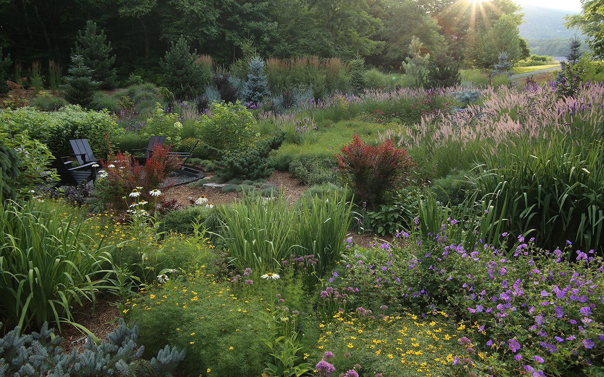 wide view of meadow garden with small seating area in the middle