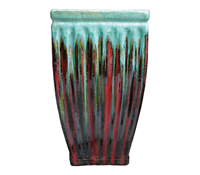 red and teal glazed terra cotta pot