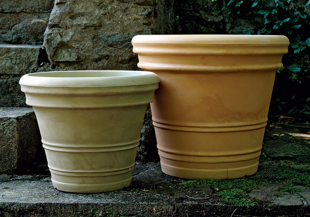 two plastic pots in a faux terra cotta color