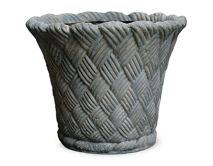 grey fiberglass pot with weaved basket pattern