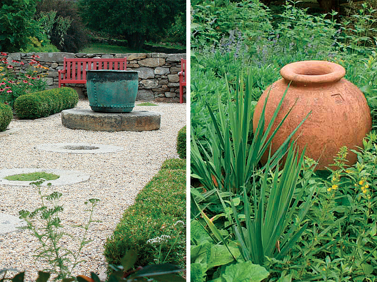 two containers in gardens with no plants in them
